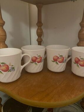 Corelle Chutney White Ceramic Mugs with Red Apple Fruit Motif - Set of 4